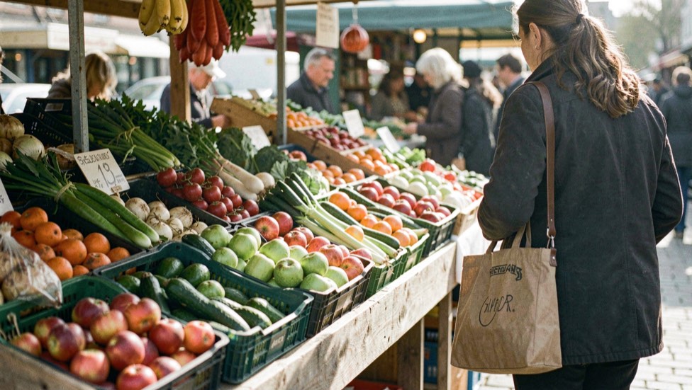 Marktkraam met groenten en fruit in kratten, een klant met een boodschappentas in het ochtendlicht