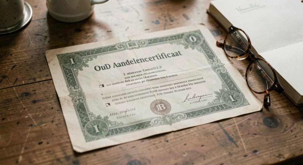 Oud aandelencertificaat met sierlijke omlijsting op een bureau naast een leesbril en een notitieblok