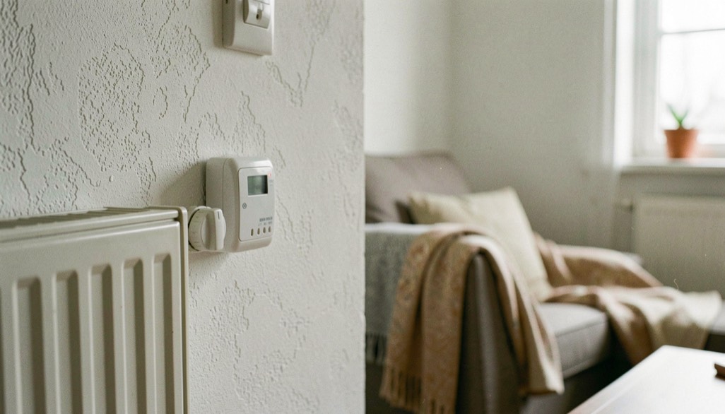Radiatorknop en een thermostaat aan een wit gestucte muur in een woonkamer, met een deken over de bank op de achtergrond
