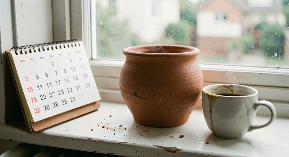 Spaarpot van aardewerk op een vensterbank naast een kalender en een half opgedronken kop koffie