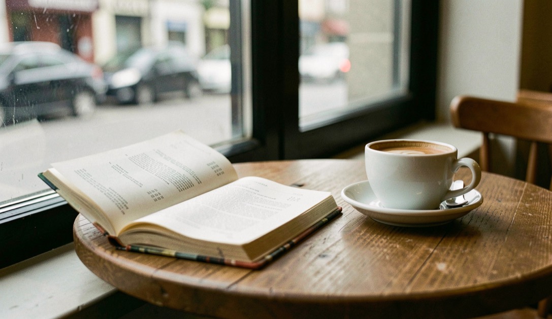 Krant met beursnoteringen opengeslagen naast een espresso op een cafetafel bij het raam in ochtendlicht