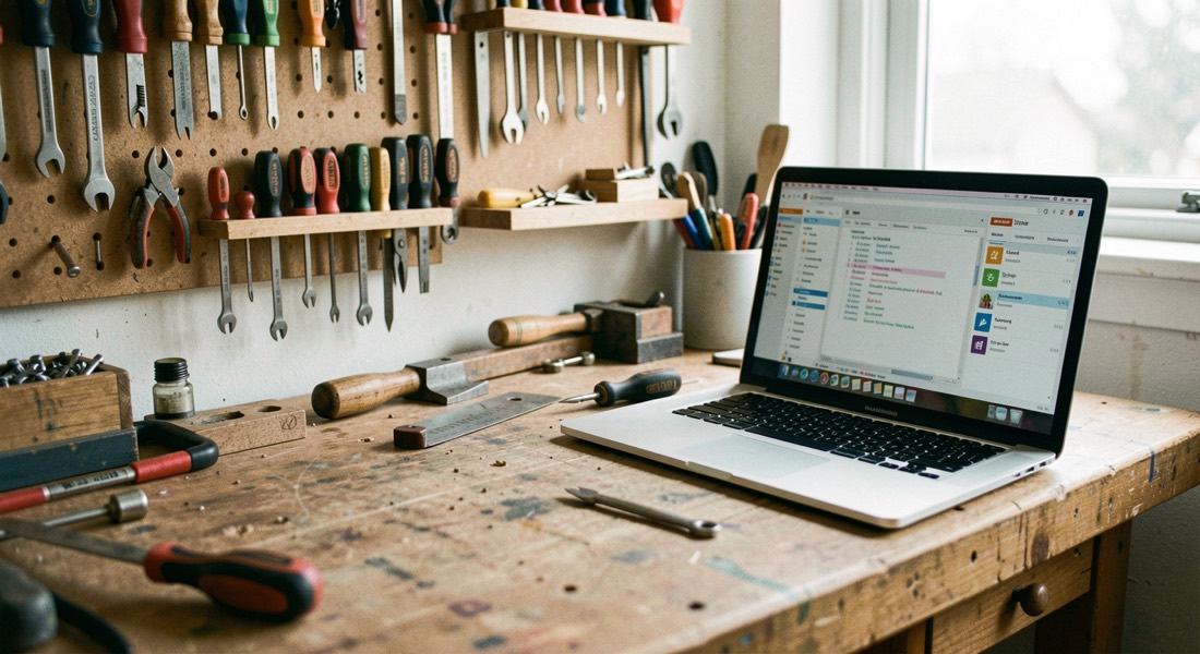 Kleine werkplaats met houten werkbank, gereedschap aan een pegboard en een laptop met een geopende agenda ernaast