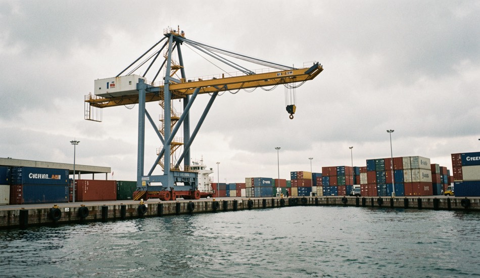 Containerkraan boven een schip in een havenbekken bij bewolkt weer, stapels containers op de kade