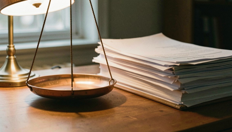 Weegschaal van messing op een bureau naast een stapel documenten in warm lamplicht