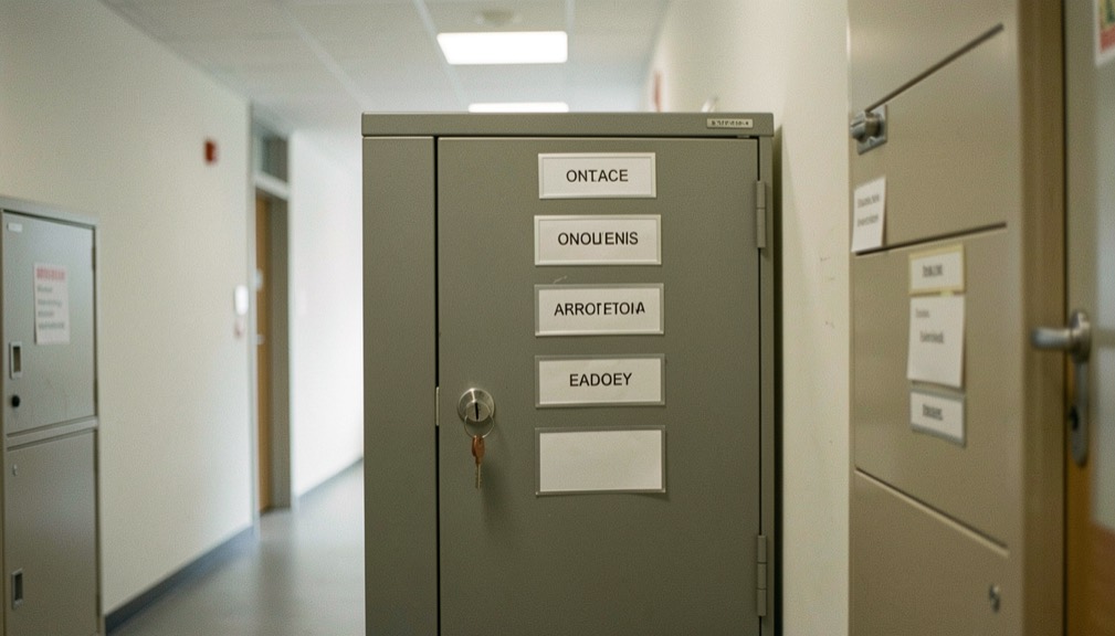 Gesloten archiefkast met labels en een sleutel in het slot, zacht zijlicht in een kantoorgang