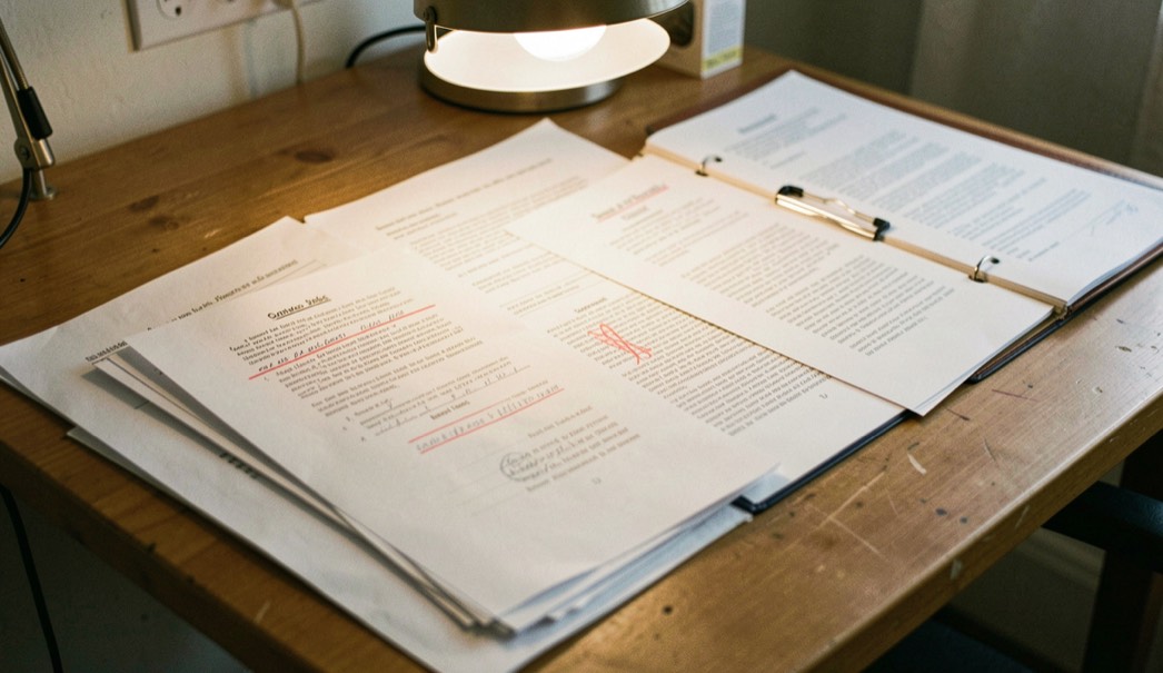 Redactietafel met uitgeprinte teksten, rode correctiepen en een archiefmap onder een bureaulamp