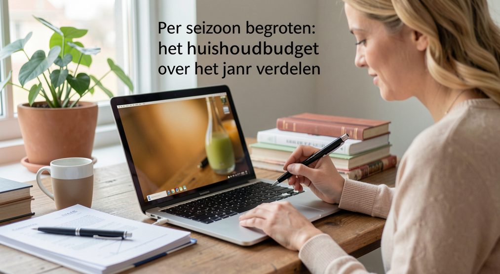 Keukentafel met een jaarkalender, een stapel energierekeningen en een pen, bij daglicht uit een keukenraam