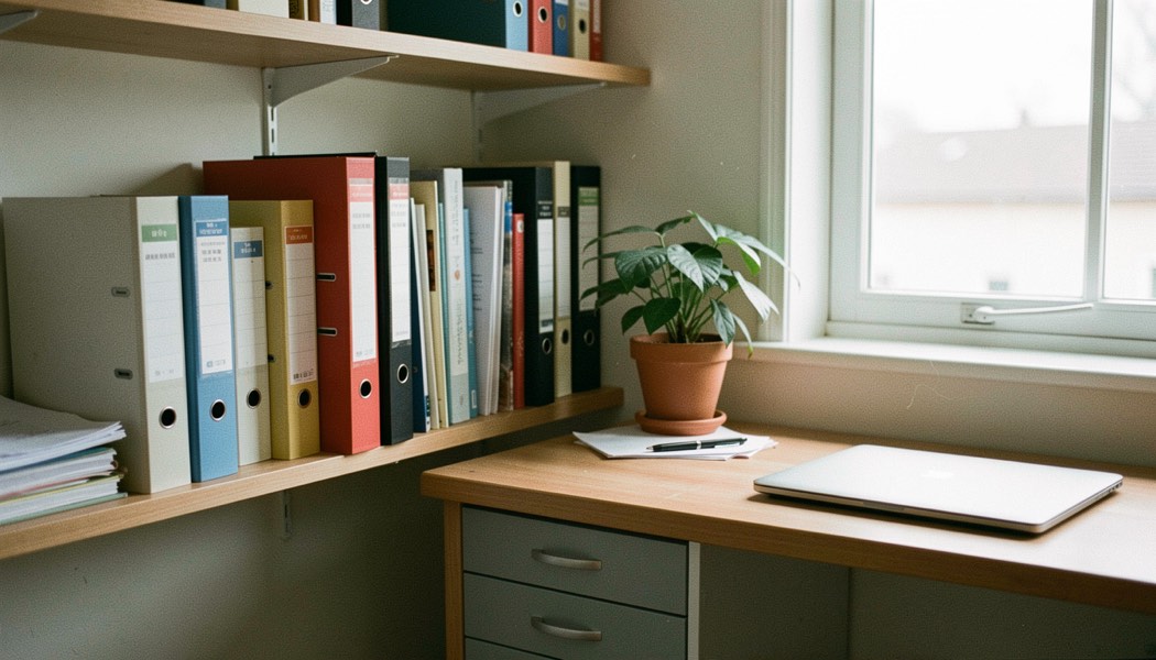 Opgeruimde werkhoek met ordners op een plank, een plant en een bureau met een gesloten laptop bij daglicht