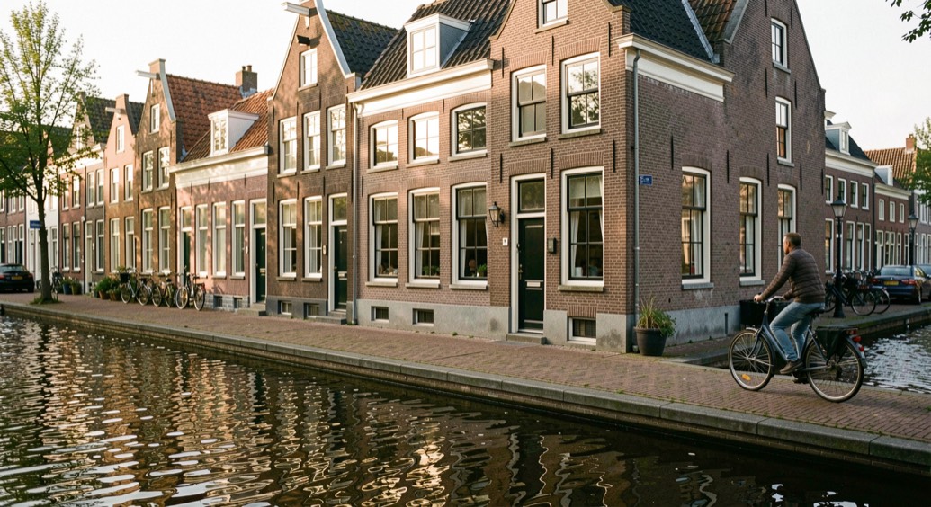 Rijtjeshuizen met bakstenen gevels langs een Nederlandse gracht, laat middaglicht op de kozijnen en een fietser op de kade