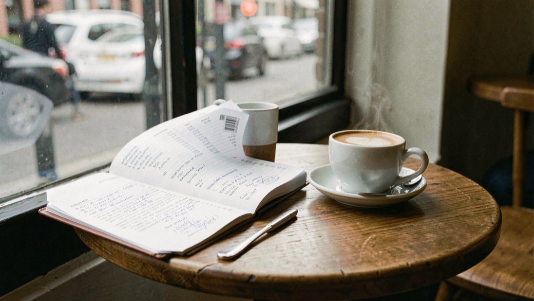 Krant met beursnoteringen opengeslagen naast een espresso op een cafetafel bij het raam, ochtendlicht