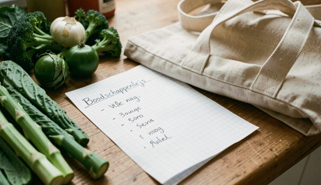 Boodschappenlijstje op geruit papier naast verse groenten en een herbruikbare tas op een keukenblad
