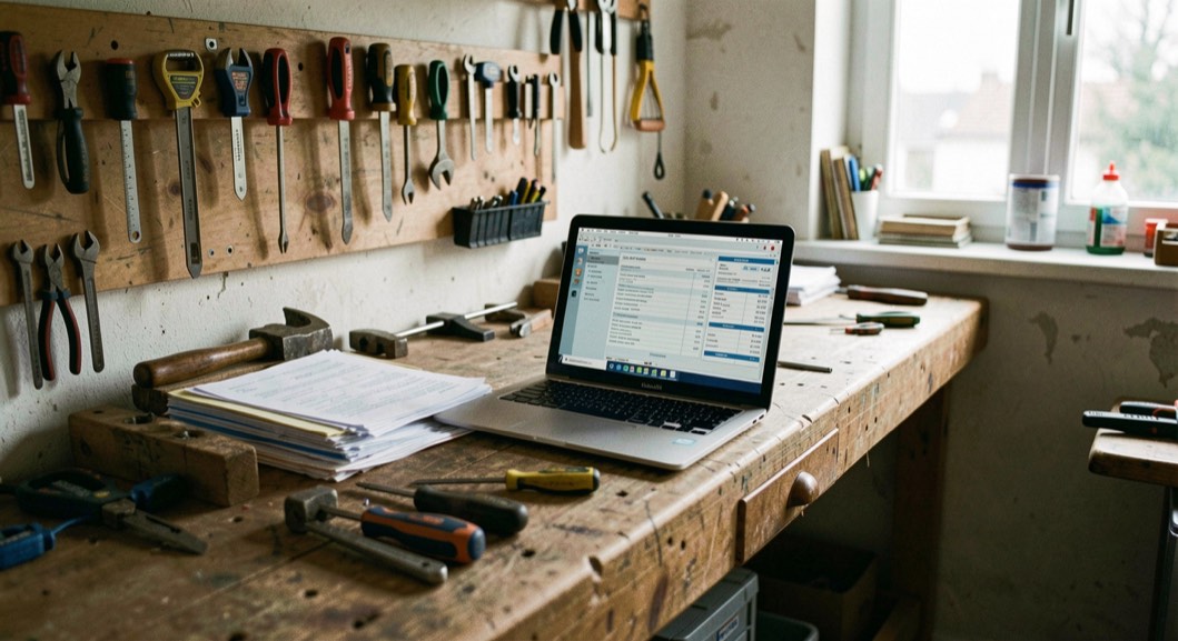 Kleine werkplaats met een houten werkbank, gereedschap aan de wand en een laptop met facturen ernaast