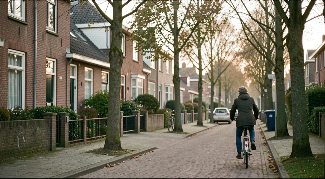 Gezin fietst door een woonwijk met bakstenen huizen en bomen langs de stoep in de vroege avond
