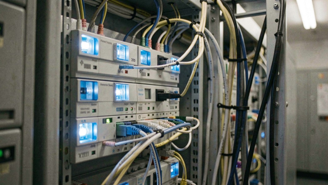 Serverrek met blauwe statuslampjes in een koele technische ruimte, netwerkkabels netjes gebundeld